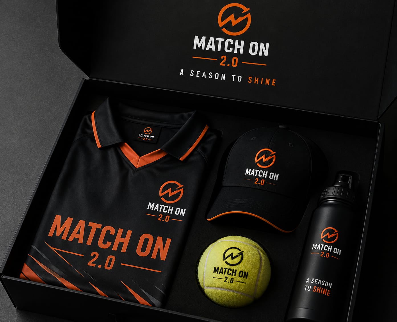 MatchOn welcome kit — jersey, cap, tennis ball and water bottle